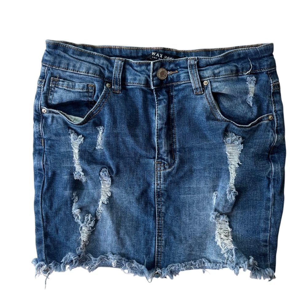 Wax Jean Women’s M Medium Wash Distressed Raw Hem Hi-Rise Mini Jean Skirt #90114